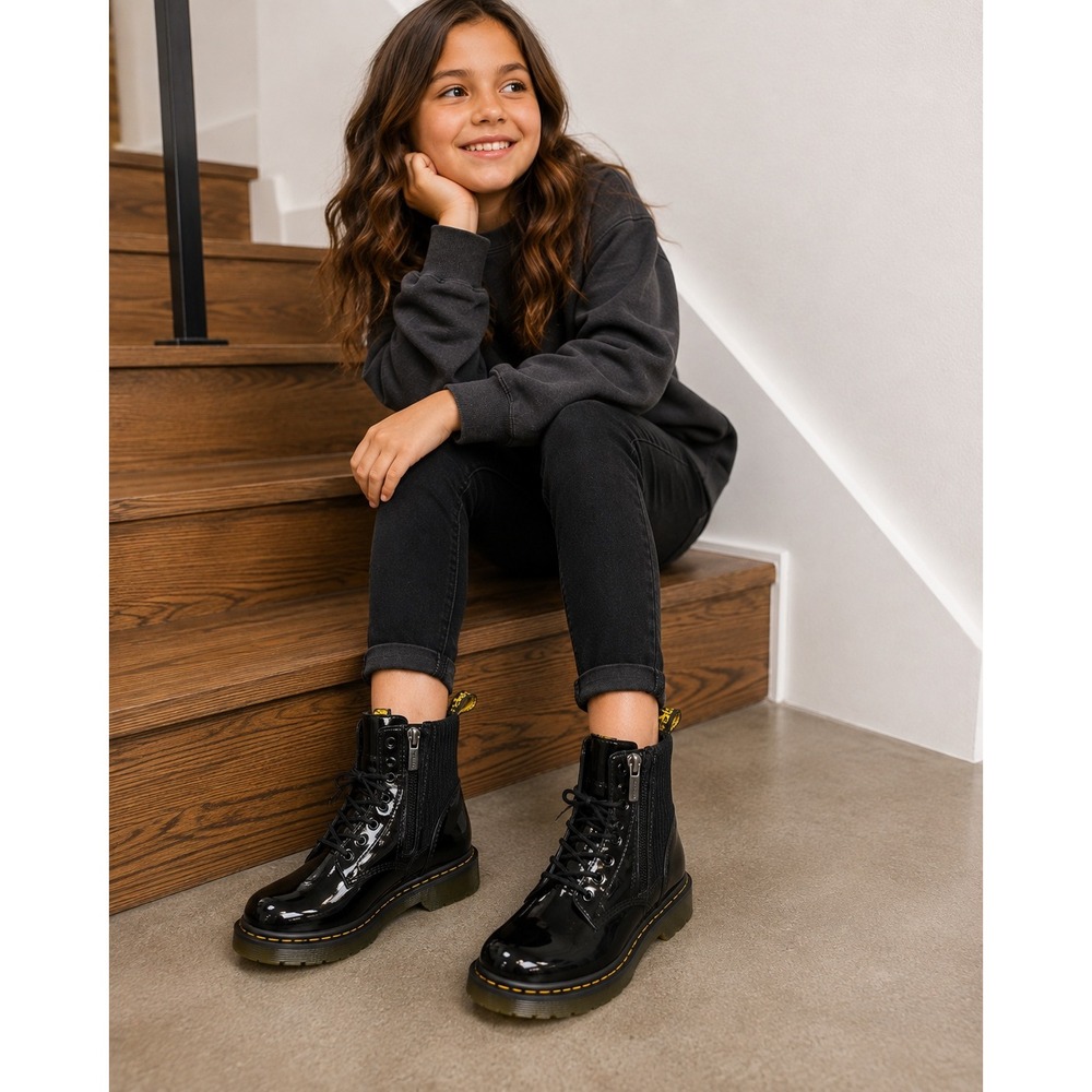 Dr. Martens 1460 J Black Patent Leather Lace Up Side Zip Boots Kids Size 4 US M